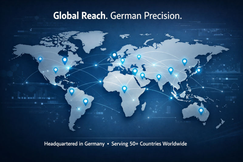 World map showing Wieserlabs global reach serving customers in over 50 countries from Munich, Germany headquarters